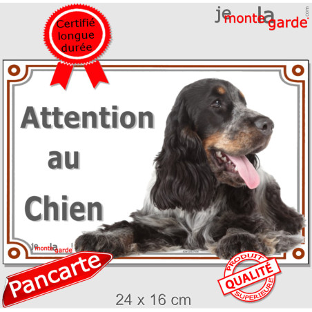 Cocker Anglais tricolore bleu roan et feu, plaque portail "Attention au Chien" photo, résiste pluie soleil gel, idée cadeau