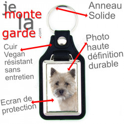 Porte-clés en cuir vegan et support en métal, avec la photo du Cairn Terrier fauve sable, idée cadeau porte clés Cairn beige