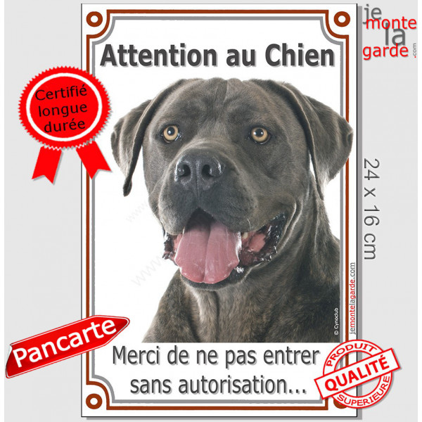 Cane Corso Italiano gris bleu, plaque portail verticale "Attention au Chien, pas entrer sans autorisation" pancarte photo