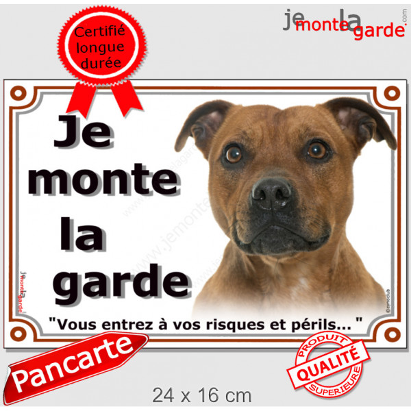 Staffie Fauve Tête, plaque portail extérieur "Je Monte la Garde, risques périls" Staffordshire Bull Terrier, staffy photo