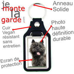 Porte-clés en cuir vegan et support en métal, avec la photo du Cairn Terrier bringé foncé, idée cadeau porte clés Cairn noir