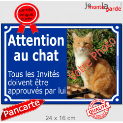 Photo Personnalisable, plaque extérieure bleue "Attention au Chat, tous les invités doivent être approuvés par lui"