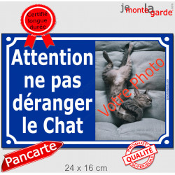 Photo Personnalisable, plaque extérieure bleue "Attentionne pas déranger le chat" pour ne pas le réveiller