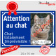 Photo Personnalisable, plaque extérieure bleue "Attention au Chat, chat totalement Imprévisible"