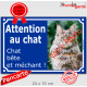 Photo Personnalisable, plaque extérieure bleue "Attention au Chat, chat bête et méchant !", stupide et agressif