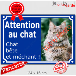 Photo Personnalisable, plaque extérieure bleue "Attention au Chat, chat bête et méchant !", stupide et agressif