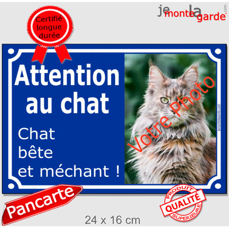 Photo Personnalisable, plaque "Attention au Chat, chat bête et méchant" 24 cm