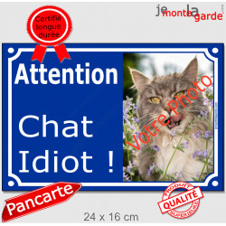 Photo Personnalisable, plaque extérieure bleue "Attention au Chat Idiot !", stupide, débile, cinglé, abruti