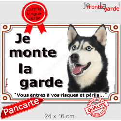 Husky Sibérien noir et blanc yeux bleus, Plaque portail "Je Monte la Garde, risques périls" photo attention au chien