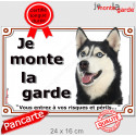 Husky Sibérien noir, plaque portail "Je Monte la Garde, risques périls" 24 cm LUX