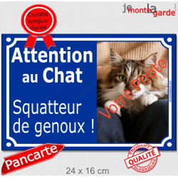 Photo Personnalisable, plaque extérieure bleue "Attention au Chat, Squatteur de genoux !" chat sans-gêne, mal élevé