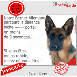 Berger Allemand noir et feu Poils courts, plaque humour "Attention au chien - distance Niche - Portail moins 3 secondes" photo