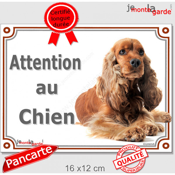 Cocker Anglais Golden, Plaque portail "Attention au Chien" affiche pancarte panneau, photo spaniel roux