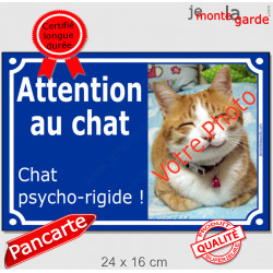 Photo Personnalisable, plaque extérieure bleue "Attention au Chat, Chat Psycho-Rigide !" nevrosé psychotique obsessionnel
