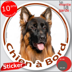 Berger Allemand poils long, disque autocollant rond "Chien à Bord" Sticker adhésif voiture photo noir et feu masque face noir