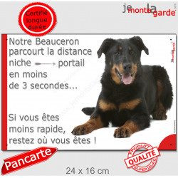 Beauceron noir et feu, plaque humour "parcourt distance Niche-Portail 3 secondes" 24 cm