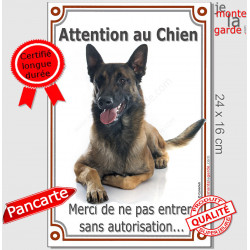 Berger Belge Malinois couché, plaque portail verticale "Attention au Chien, pas entrer sans autorisation" pancarte photo panneau