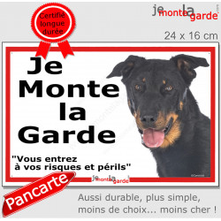 Beauceron, plaque portail ECO "Je Monte la Garde, risques périls" panneau simple, pas cher mais durable Berger Beauce Bas-rouge