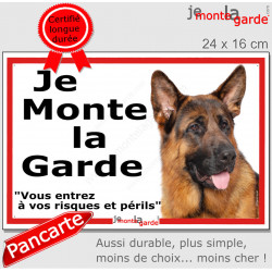 Berger Allemand poils courts, plaque portail ECO "Je Monte la Garde, risques périls" panneau simple, pas cher mais durable