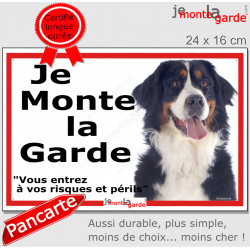 Bouvier Bernois, plaque portail ECO "Je Monte la Garde, risques périls" panneau simple, pas cher mais durable