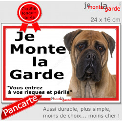 Bullmastiff, plaque portail ECO "Je Monte la Garde, risques périls" panneau simple, pas cher mais durable
