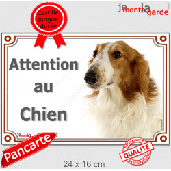 Lévrier Barzoï fauve orange et blanc, plaque portail "Attention au Chien" pancarte panneau photo