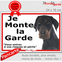 Dobermann, plaque portail ECO "Je Monte la Garde, risques périls" panneau simple, pas cher mais durable