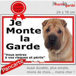Shar-Peï fauve, plaque portail extérieure ECO "Je Monte la Garde, risques périls" panneau simple, pas cher mais durable Sharpei