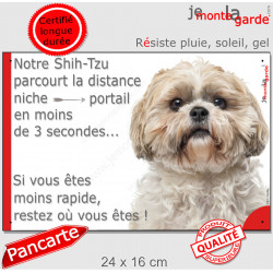 Shih-Tzu fauve, plaque extérieure humour "parcourt distance Niche-Portail moins 3 secondes, rapide" photo attention chien