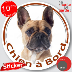 Bouledogue Français Fauve, sticker autocollant rond "Chien à Bord" disque photo adhésif vitre voiture Bulldog auto