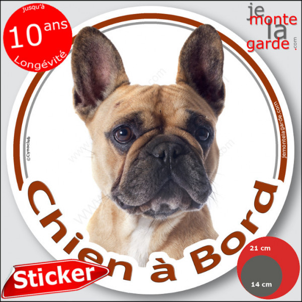 Bouledogue Français Fauve, sticker autocollant rond "Chien à Bord" disque photo adhésif vitre voiture Bulldog auto