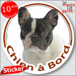 Bouledogue Français Caille blanc et noir Tête, sticker autocollant rond "Chien à Bord" Disque adhésif photo vitre voiture