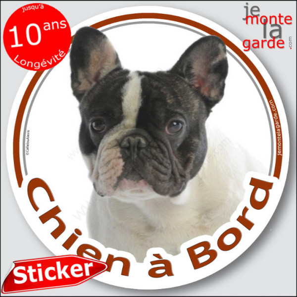 Bouledogue Français Caille blanc et noir Tête, sticker autocollant rond "Chien à Bord" Disque adhésif photo vitre voiture
