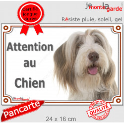 Bearded Collie fauve beige et blanc, plaque portail "Attention au Chien" pancarte panneau photo marron sable