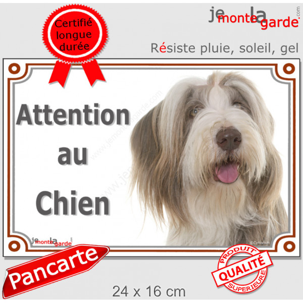 Bearded Collie fauve beige et blanc, plaque portail "Attention au Chien" pancarte panneau photo marron sable