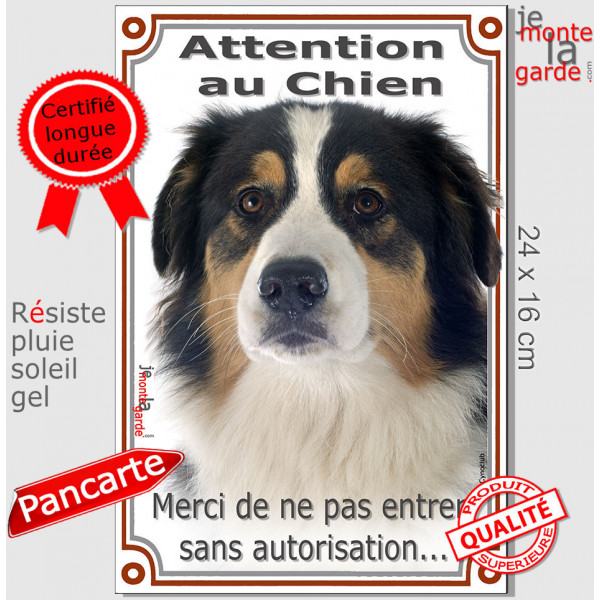 Berger Australien Tricolore Noir, Plaque extérieure verticale "Attention au Chien, interdit sans autorisation" photo Aussie