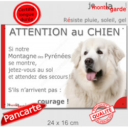 Montagne des Pyrénées blanc, plaque humour "Attention au Chien, Jetez Vous au Sol" 24 cm JET