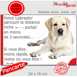 Labrador Sable couché, Plaque extérieure "parcourt distance niche-portail 3 secondes" pancarte photo jaune beige photo