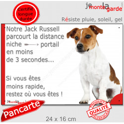 Jack Russell Terrier fauve, plaque extérieure humour "parcourt distance Niche-Portail moins de 3 secondes" pancarte photo