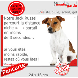 Jack Russell Terrier fauve et blanc, plaque humour "parcourt la distance Niche-Portail en moins de 3 secondes" photo, résiste pl