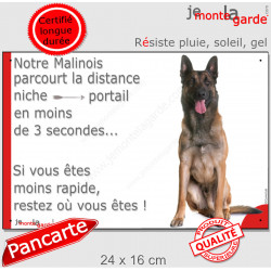 Berger Belge Malinois, plaque humour "distance Niche-Portail moins de 3 secondes" pancarte attention au chien drôle photo