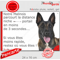 Berger Belge Malinois, plaque humour extérieure "parcourt distance Niche-Portail moins 3 secondes" attention au chien photo