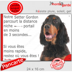 Setter Gordon noir et feu, plaque extérieure humour "parcourt distance Niche-Portail moins 3 secondes" photo attention chien