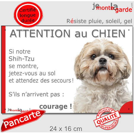 Shih-Tzu fauve et blanc, plaque portail humour "Attention au Chien, Jetez Vous au Sol, attendez secours courage" photo, résiste 
