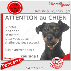 Pinscher noir et feu, plaque extérieure humour "Attention au Chien, Jetez Vous au Sol, attendez secours, courage" photo pancarte