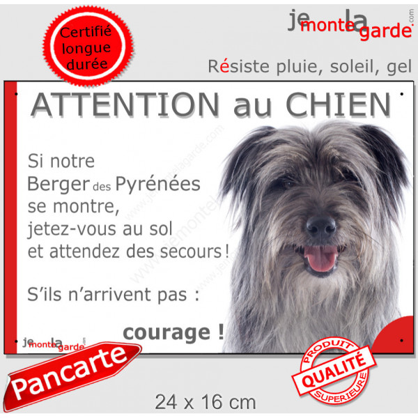 Berger Pyrénées gris, plaque portail humour "Attention au Chien, Jetez Vous au Sol, attendez secours, courage" Labrit arlequin