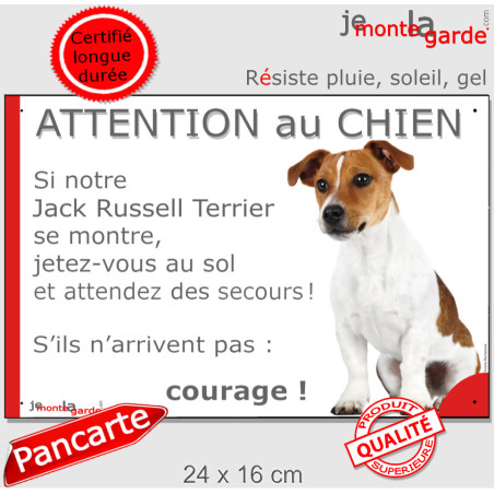 Jack Russell Terrier blanc taches fauve, plaque portail humour "Attention au Chien, Jetez Vous au Sol, attendez secours" photo,