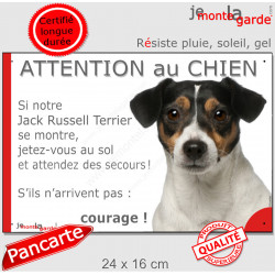 Jack Russell Terrier tricolore, plaque portail humour "Attention au Chien, Jetez Vous au Sol, attendez secours" photo