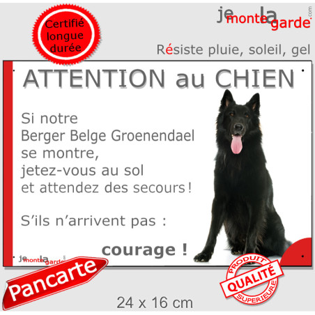 Berger Belge Groenendael, plaque extérieure humour "Attention au Chien, Jetez Vous au Sol, attendez des secours, courage" photo,