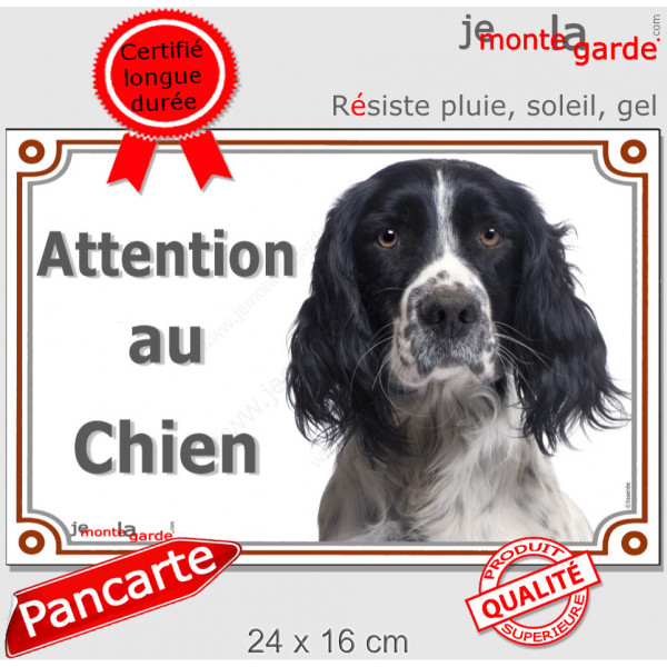 English Springer Spaniel noir, plaque extérieure portail "Attention au Chien" pancarte panneau photo
